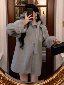 DAZY Women's Autumn/Winter Lace-Up Loose Fuzzy Sleeve Woolen Coat Jacket - Grey - View 5