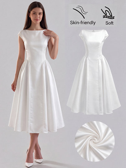 Girlism Gaun Pengantin Sipil Musim Panas Elegan Warna Putih, Gaun Midi A-Line Vintage dengan Pinggang Ramping untuk Remaja Putri, Busana Formal Rok Puff Berkerut untuk Pernikahan