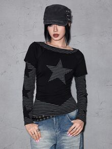 ROMWE Autumn/Winter Grunge Punk Star Patch Embroidery Vintage Striped 2 In 1 T-Shirt - Multicolor - View 4