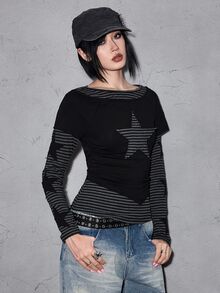 ROMWE Autumn/Winter Grunge Punk Star Patch Embroidery Vintage Striped 2 In 1 T-Shirt - Multicolor - View 5