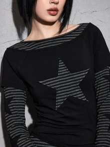 ROMWE Autumn/Winter Grunge Punk Star Patch Embroidery Vintage Striped 2 In 1 T-Shirt - Multicolor - View 2