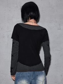 ROMWE Autumn/Winter Grunge Punk Star Patch Embroidery Vintage Striped 2 In 1 T-Shirt - Multicolor - View 6