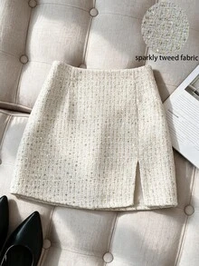 SHEIN Franclia Elegant Sparkly Tweed High Waist Skort, Front Slit Mini Skirt With Lining - White - View 3