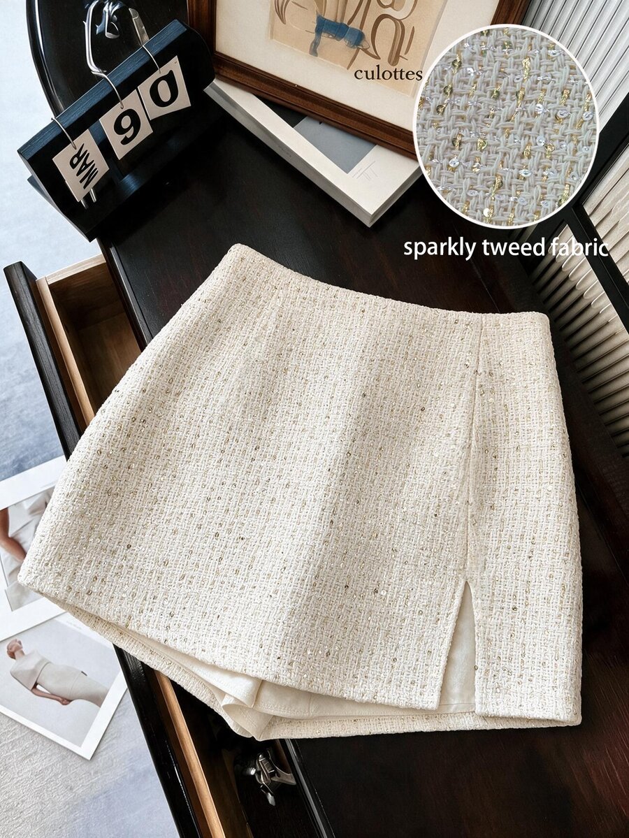 SHEIN Franclia Elegant Sparkly Tweed High Waist Skort, Front Slit Mini Skirt With Lining - White - View 1