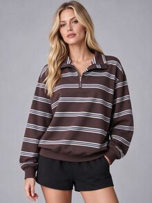 SHEIN Girls' Half-Zip Brown Sweatshirt, Drop-Shoulder Collared Pullover, American Retro Casual Streetwear TopPerfect For Outings Graduation Beach Fall - Brown - View 1