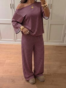Siren Gaze Women's Striped One-Shoulder Top And Loose Pants Set - Burgundy - View 5