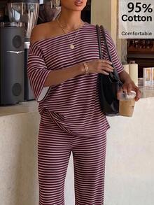 Siren Gaze Women's Striped One-Shoulder Top And Loose Pants Set - Burgundy - View 1