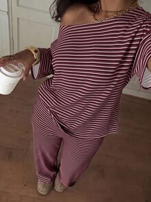 Siren Gaze Women's Striped One-Shoulder Top And Loose Pants Set - Burgundy - View 3