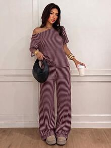 Siren Gaze Women's Striped One-Shoulder Top And Loose Pants Set - Burgundy - View 7