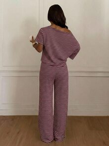 Siren Gaze Women's Striped One-Shoulder Top And Loose Pants Set - Burgundy - View 2