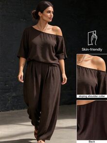 Weeklong Plus Size Women's Casual Vacation Asymmetrical Shoulder Loose Harem Pants 2 Pieces Set, Suitable For Daily And Holiday Wear Fall/Winter - Coffee Brown - View 5