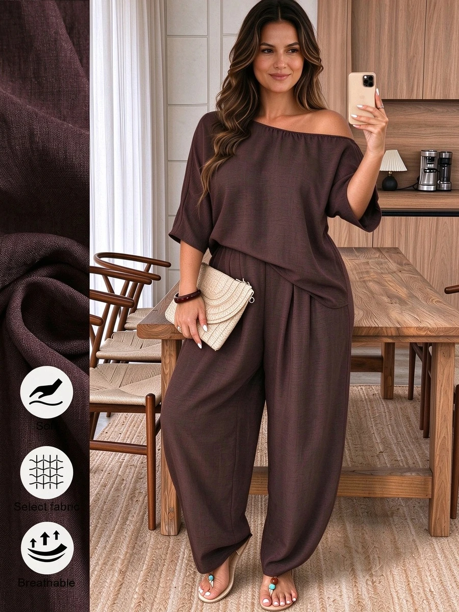 Weeklong Plus Size Women's Casual Vacation Asymmetrical Shoulder Loose Harem Pants 2 Pieces Set, Suitable For Daily And Holiday Wear Fall/Winter - Coffee Brown - View 1