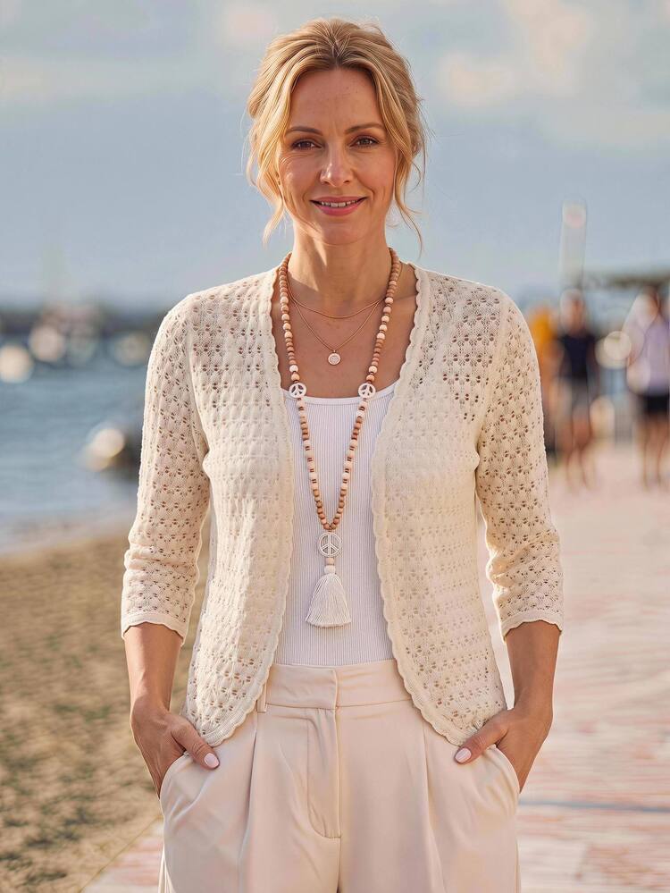Faunlyn Women's Solid Color 3/4 Sleeve Open Front Casual Regular Jacket Crochet Cardigan Women Knitted Cardigan For Women Summer Cardigan For Women Thin Cardigan Knitted Tops For Women In Fall/Winter - Apricot - View 1