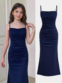 Girlism Tween Girls Summer Royal Kids Blue Solid Color Knit Hem Elegant Spaghetti Strap Ruched Dress, Graduation Dresses - Royal Blue - View 3