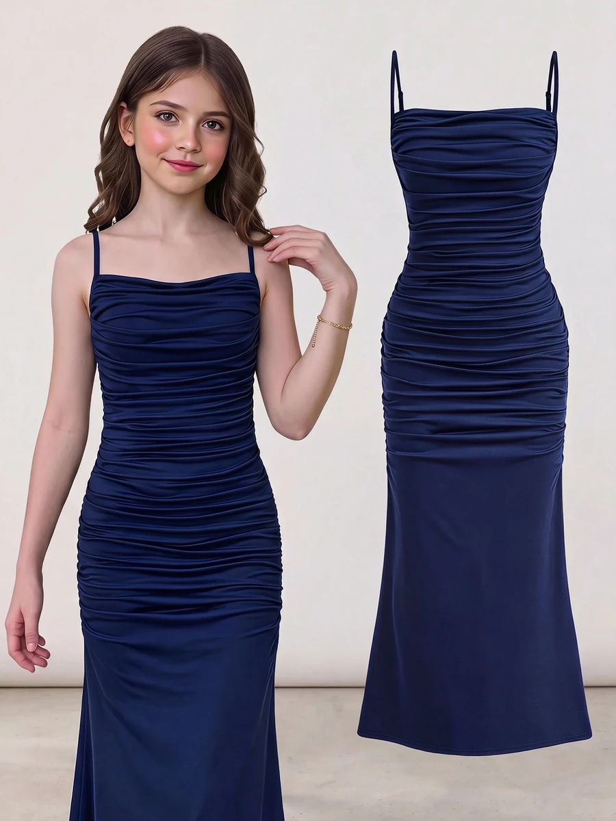Girlism Tween Girls Summer Royal Kids Blue Solid Color Knit Hem Elegant Spaghetti Strap Ruched Dress, Graduation Dresses - Royal Blue - View 1