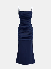 Girlism Tween Girls Summer Royal Kids Blue Solid Color Knit Hem Elegant Spaghetti Strap Ruched Dress, Graduation Dresses - Royal Blue - View 5