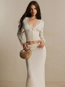 Poéselle Lace Trim Crop Cardigan & Knit Skirt - White - View 8