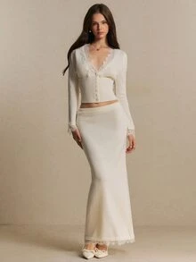 Poéselle Lace Trim Crop Cardigan & Knit Skirt - White - View 4