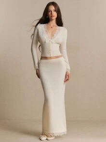 Poéselle Lace Trim Crop Cardigan & Knit Skirt - White - View 3