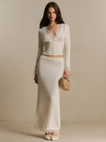 Poéselle Lace Trim Crop Cardigan & Knit Skirt - White - View 7