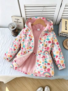 SHEIN Cute Printed Thermal Lined Thickened Zipper Jacket For Girls, Autumn/Winter - Multicolor - View 2