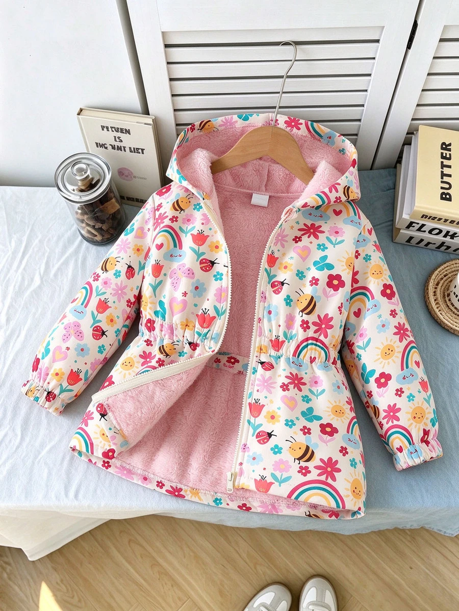 SHEIN Cute Printed Thermal Lined Thickened Zipper Jacket For Girls, Autumn/Winter