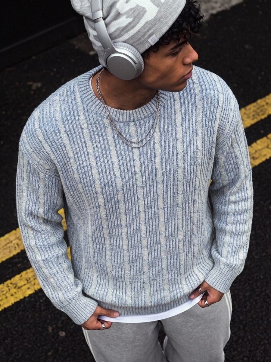 NEOSTRIT Men's Letter Pattern Distressed Design Dropped Shoulder Crew Neck Solid Color Sweater Swag Couple Matching Outfit - Multicolor - View 1