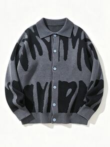 NEOSTRIT Men's Vintage Jacquard Single-Breasted Long Sleeve Knit Cardigan, Goth - Dark Grey - View 2