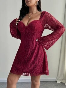 SHEIN Unity Plus Size Elegant White Lace Bell Sleeve Dress Autumn Cloth For Women Wedding Cocktail Date Night Fall - Red - View 6