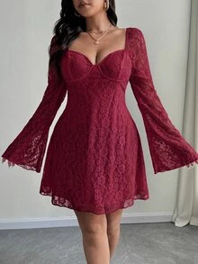 SHEIN Unity Plus Size Elegant White Lace Bell Sleeve Dress Autumn Cloth For Women Wedding Cocktail Date Night Fall - Red - View 5