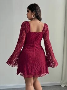 SHEIN Unity Plus Size Elegant White Lace Bell Sleeve Dress Autumn Cloth For Women Wedding Cocktail Date Night Fall - Red - View 3