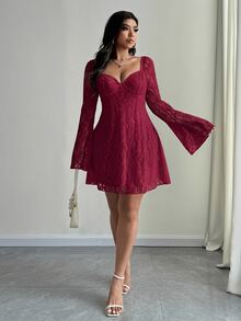 SHEIN Unity Plus Size Elegant White Lace Bell Sleeve Dress Autumn Cloth For Women Wedding Cocktail Date Night Fall - Red - View 4
