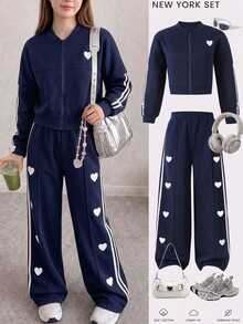 SHEIN Tween Girl Heart Pattern Long Sleeve Jacket And Pants Set - Multicolor - View 4