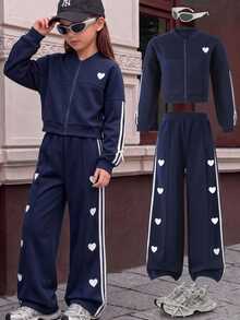 SHEIN Tween Girl Heart Pattern Long Sleeve Jacket And Pants Set - Multicolor - View 3