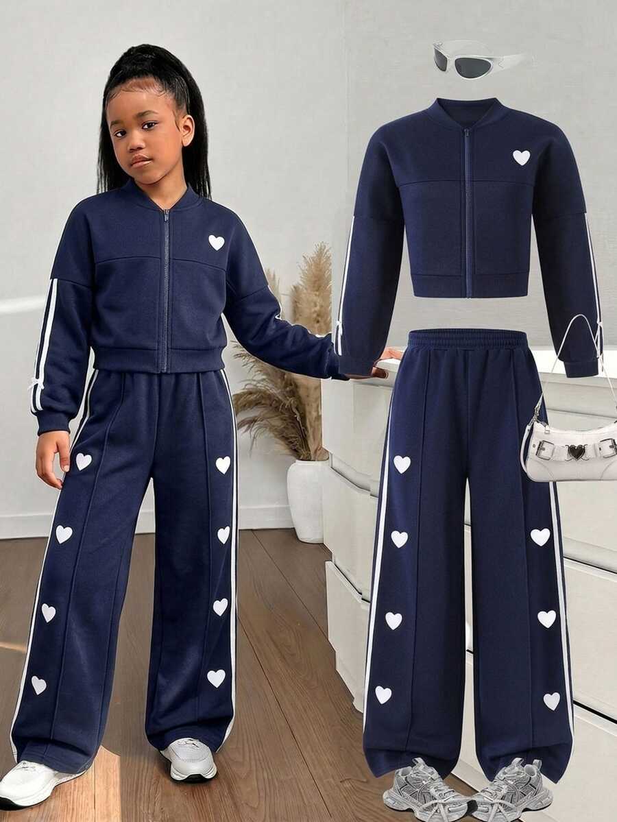SHEIN Tween Girl Heart Pattern Long Sleeve Jacket And Pants Set - Multicolor - View 1