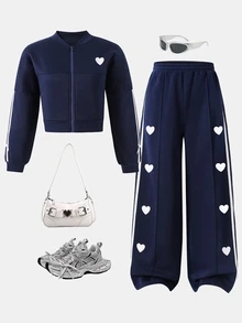 SHEIN Tween Girl Heart Pattern Long Sleeve Jacket And Pants Set - Multicolor - View 5
