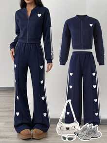 SHEIN Tween Girl Heart Pattern Long Sleeve Jacket And Pants Set - Multicolor - View 1