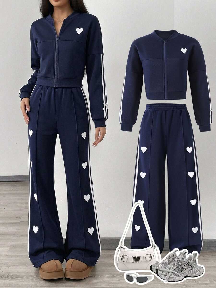 SHEIN Tween Girl Heart Pattern Long Sleeve Jacket And Pants Set - Multicolor - View 1