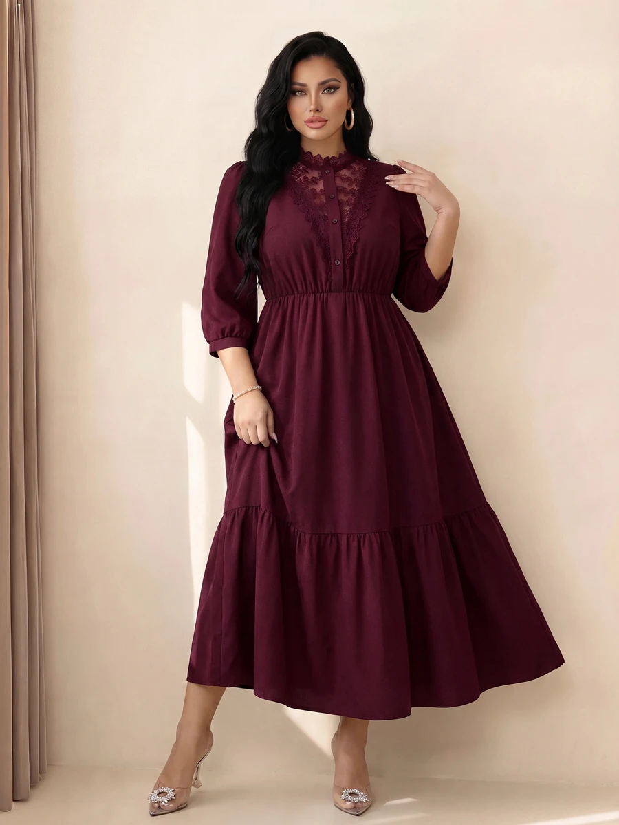 Elenzga Plus Size Women's Fashion Elegant Lace Trim Patchwork 3/4 Sleeve Waist-Cinching A-Line Skirt With Small Ruffles Solid Color Dress Fall - Burgundy - View 1
