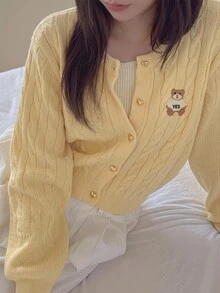 SHEIN 青少年女孩秋季淺黃色針織冬季開襟衫 熊圖案休閒日常百搭甜美 - 黃色 - 查看 3