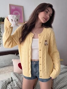 SHEIN 青少年女孩秋季淺黃色針織冬季開襟衫 熊圖案休閒日常百搭甜美 - 黃色 - 查看 7