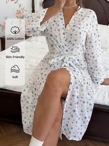 CottageSlumber Blue Ditsy Floral Tie-Front 100% Cotton Comfortable Plus Size House Robe - Blue and White - View 5