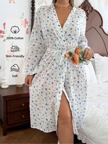 CottageSlumber Blue Ditsy Floral Tie-Front 100% Cotton Comfortable Plus Size House Robe - Blue and White - View 4