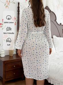 CottageSlumber Blue Ditsy Floral Tie-Front 100% Cotton Comfortable Plus Size House Robe - Blue and White - View 2