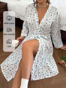 CottageSlumber Blue Ditsy Floral Tie-Front 100% Cotton Comfortable Plus Size House Robe - Blue and White - View 3