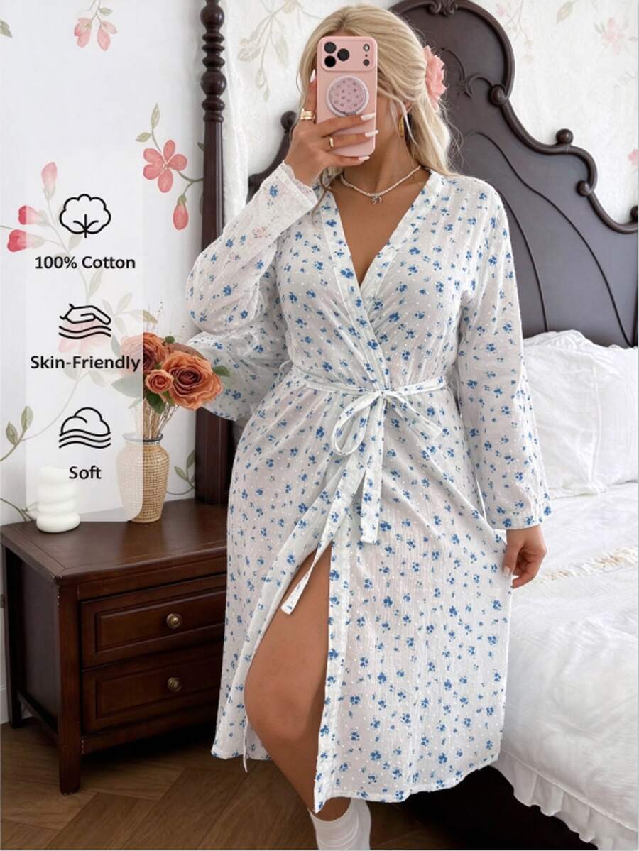 CottageSlumber Blue Ditsy Floral Tie-Front 100% Cotton Comfortable Plus Size House Robe - Blue and White - View 1