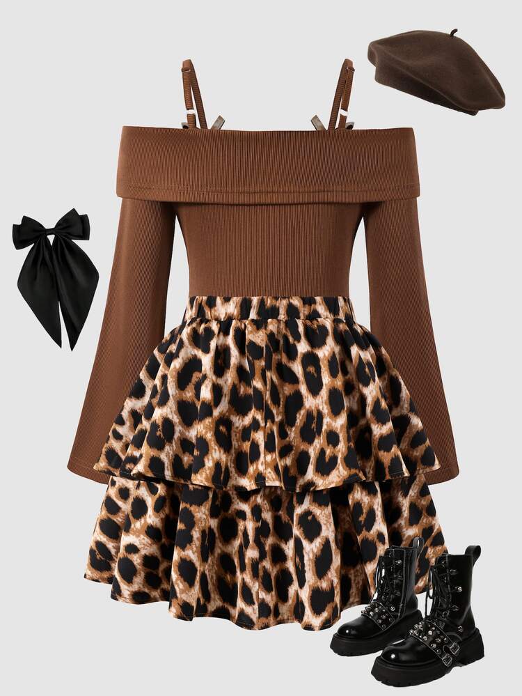 SHEIN Tween Girls Fall Outfits Fall Tops Fall 2pcs/Set Round Neck Fashion Elegant Cute Cool Girl T-Shirt Mini Set - Brown - View 3