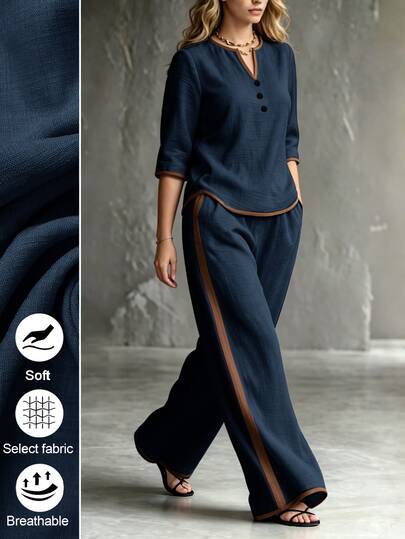 SHEIN LUNE CURVE Women's Plus Size Casual 2 Pieces Set, Casual Round Neck Shirt + Elastic Waist Long Pants, Outdoor 2 Pieces Set Fall