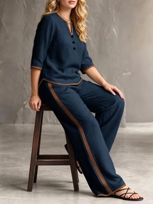 Linhara CURVE Women's Plus Size Casual 2 Pieces Set, Casual Round Neck Shirt + Elastic Waist Long Pants, Outdoor 2 Pieces Set Fall - Navy Blue - View 6