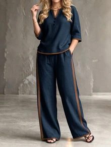 Linhara CURVE Women's Plus Size Casual 2 Pieces Set, Casual Round Neck Shirt + Elastic Waist Long Pants, Outdoor 2 Pieces Set Fall - Navy Blue - View 5